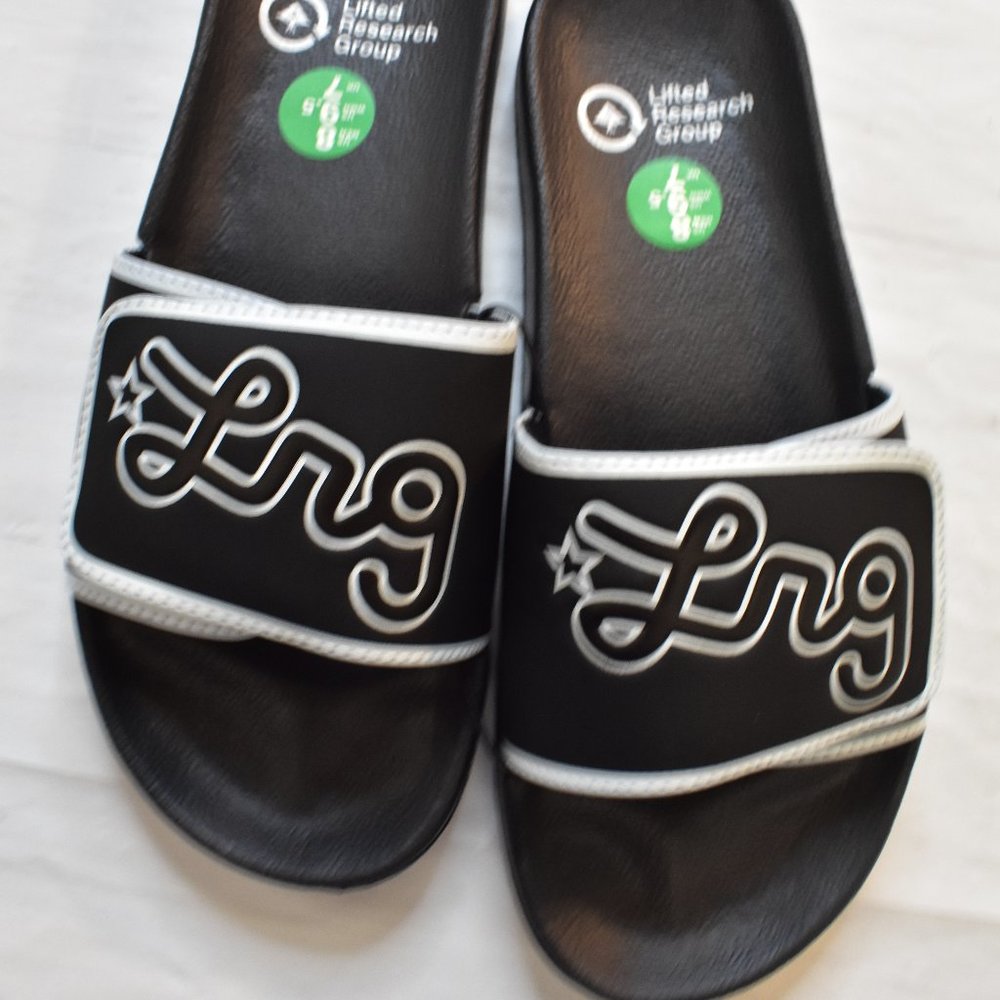 LRG Lifted Research Group Mens Slides Sandal Shoes Black/White Cursive New 8